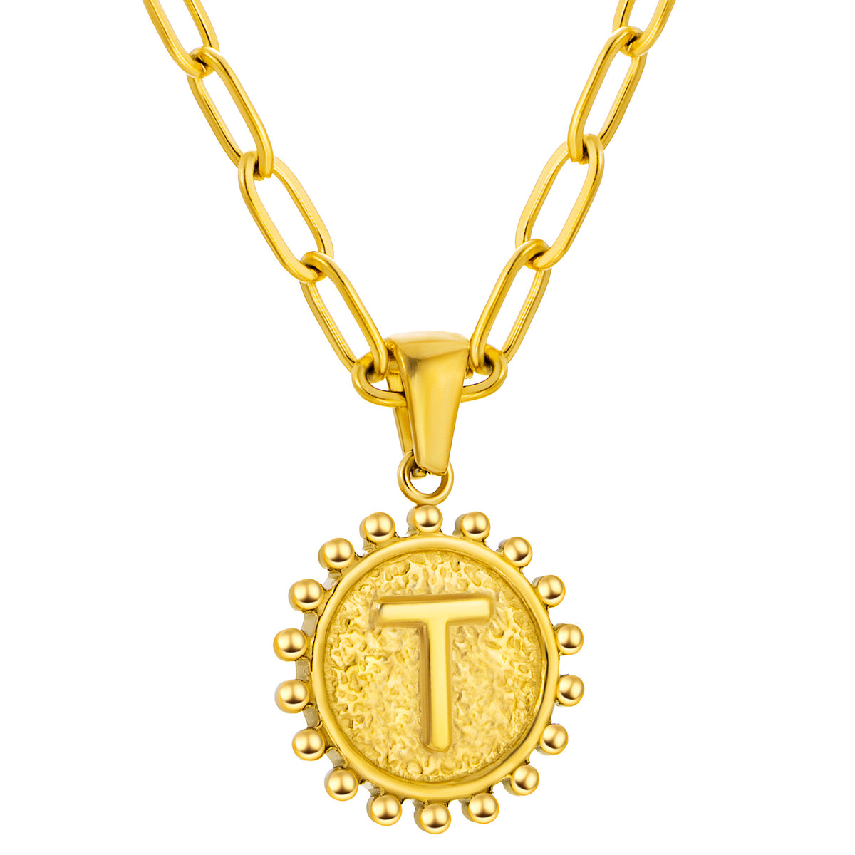 Initial Necklace for Women, Round Coin Letter Pendant, Textured Medallion Charm, Paperclip Chain Jewelry for Daily Wear