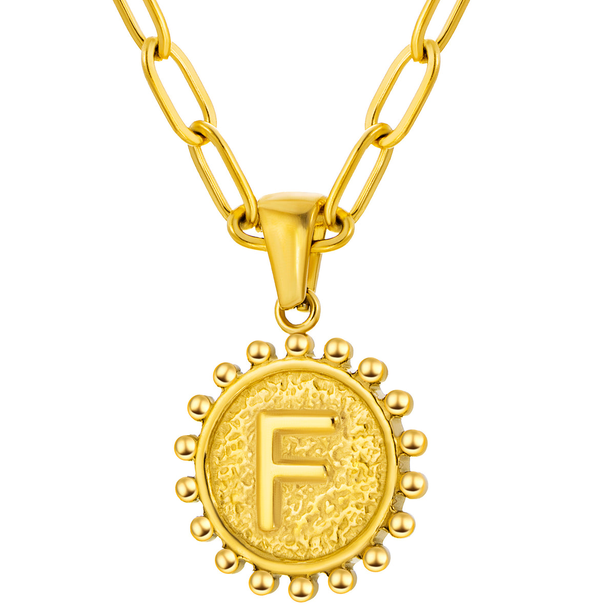 Initial Necklace for Women, Round Coin Letter Pendant, Textured Medallion Charm, Paperclip Chain Jewelry for Daily Wear