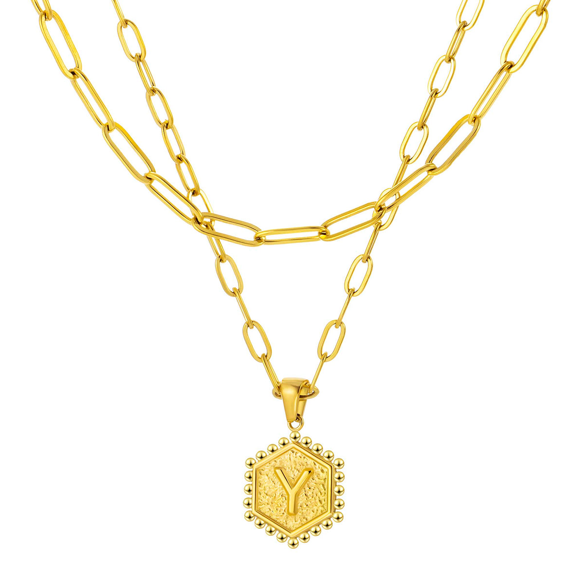 Initial Necklace for Women, Hexagon Letter Pendant, Paperclip Chain, Alphabet A to Z, Geometric Charm Jewelry