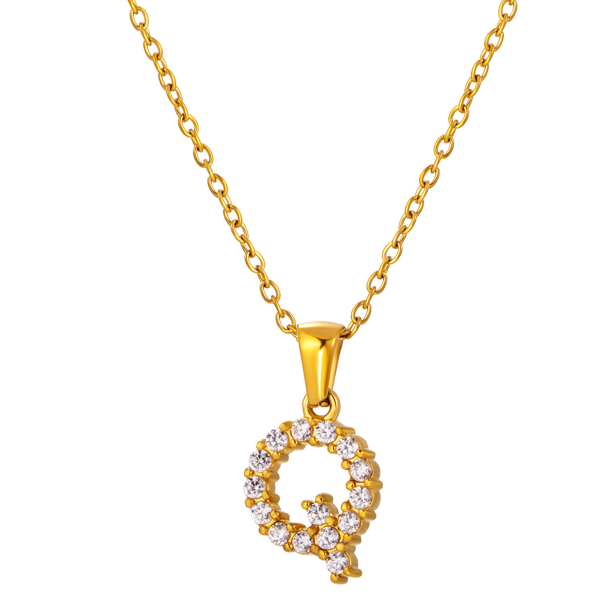 Stainless Steel Initial Necklace for Men and Women, Gold Tone Rhinestone Letter Pendant, A to Z Alphabet Jewelry, 21 x 13 mm