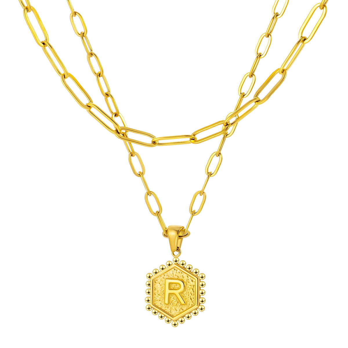 Initial Necklace for Women, Hexagon Letter Pendant, Paperclip Chain, Alphabet A to Z, Geometric Charm Jewelry