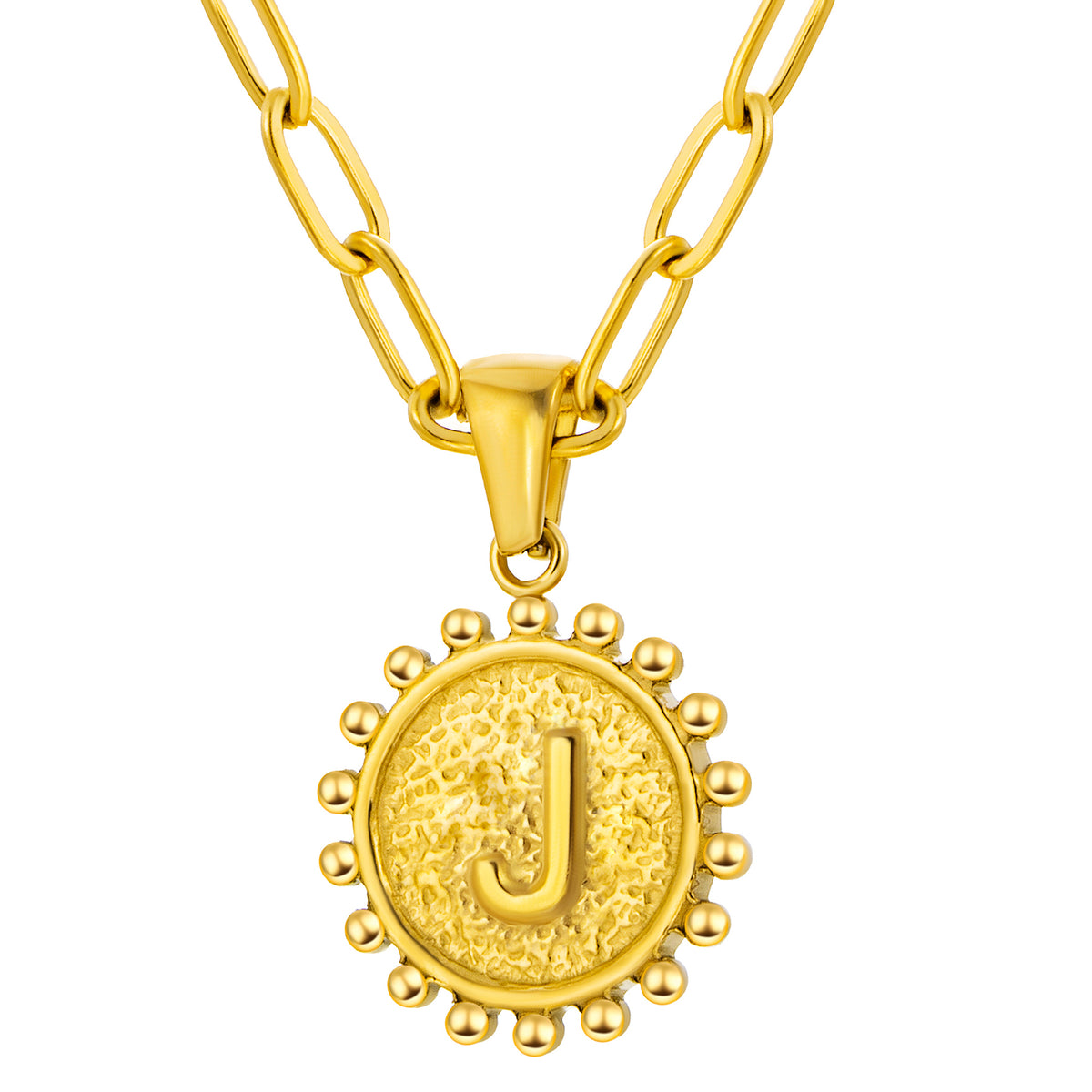 Initial Necklace for Women, Round Coin Letter Pendant, Textured Medallion Charm, Paperclip Chain Jewelry for Daily Wear