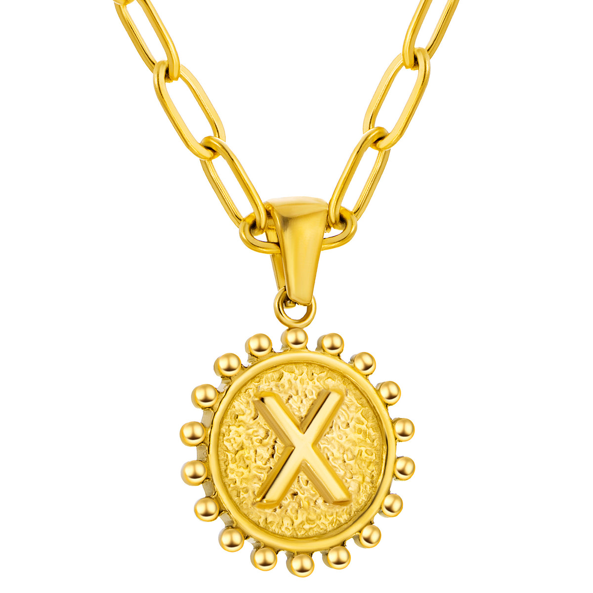 Initial Necklace for Women, Round Coin Letter Pendant, Textured Medallion Charm, Paperclip Chain Jewelry for Daily Wear