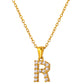 Stainless Steel Initial Necklace for Men and Women, Gold Tone Rhinestone Letter Pendant, A to Z Alphabet Jewelry, 21 x 13 mm