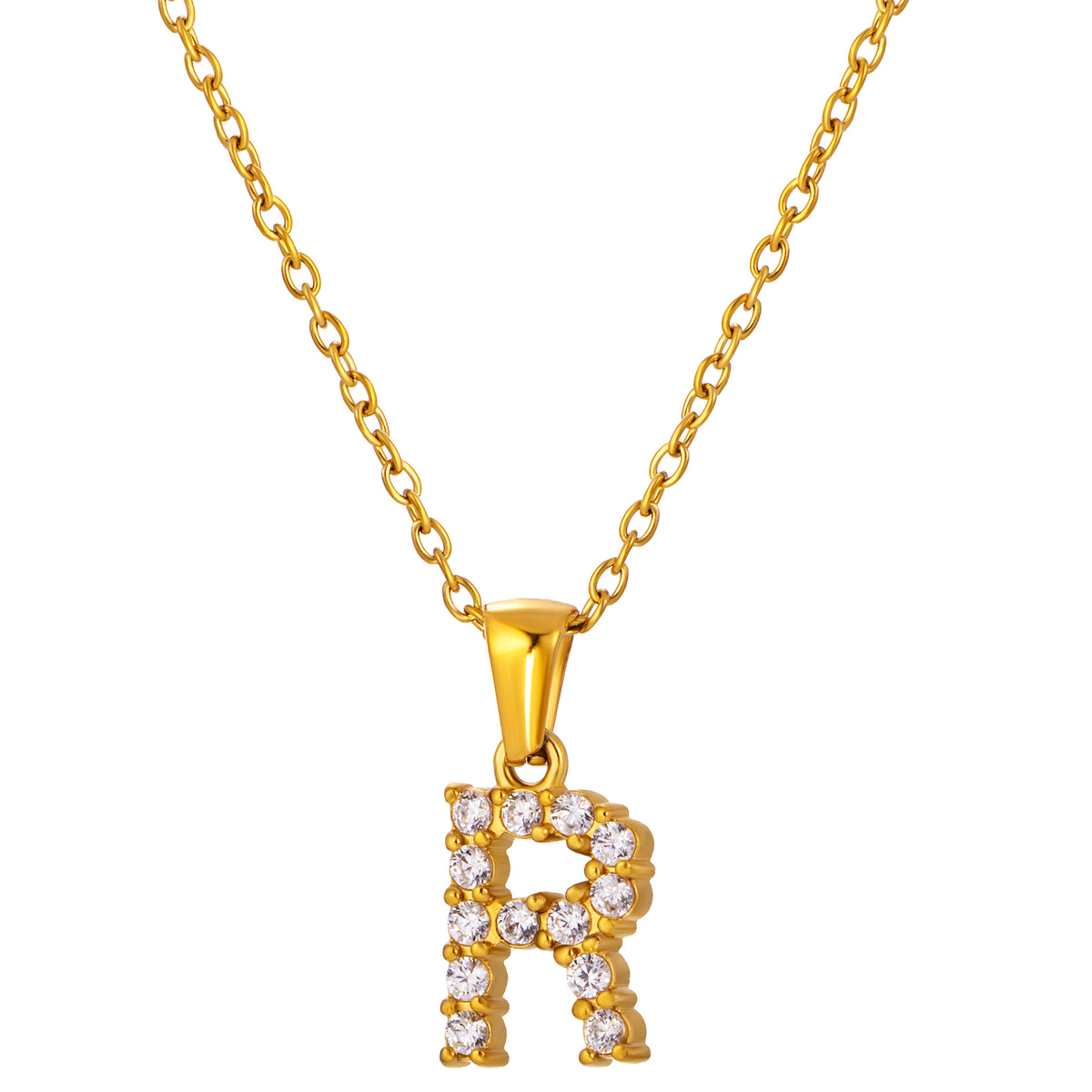 Stainless Steel Initial Necklace for Men and Women, Gold Tone Rhinestone Letter Pendant, A to Z Alphabet Jewelry, 21 x 13 mm