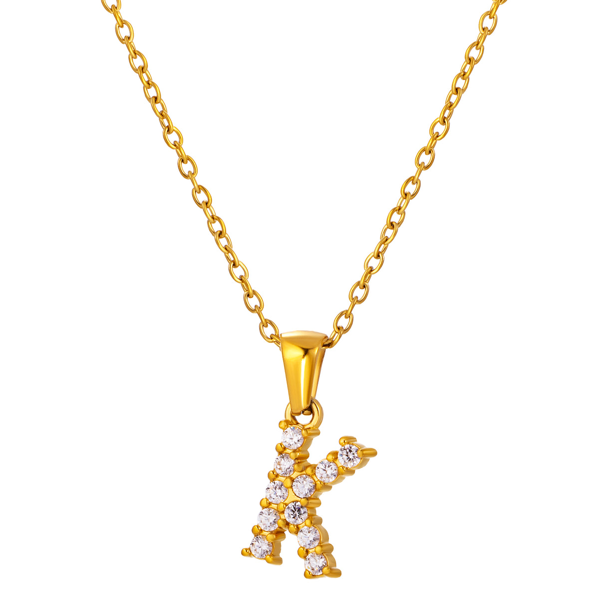 Stainless Steel Initial Necklace for Men and Women, Gold Tone Rhinestone Letter Pendant, A to Z Alphabet Jewelry, 21 x 13 mm