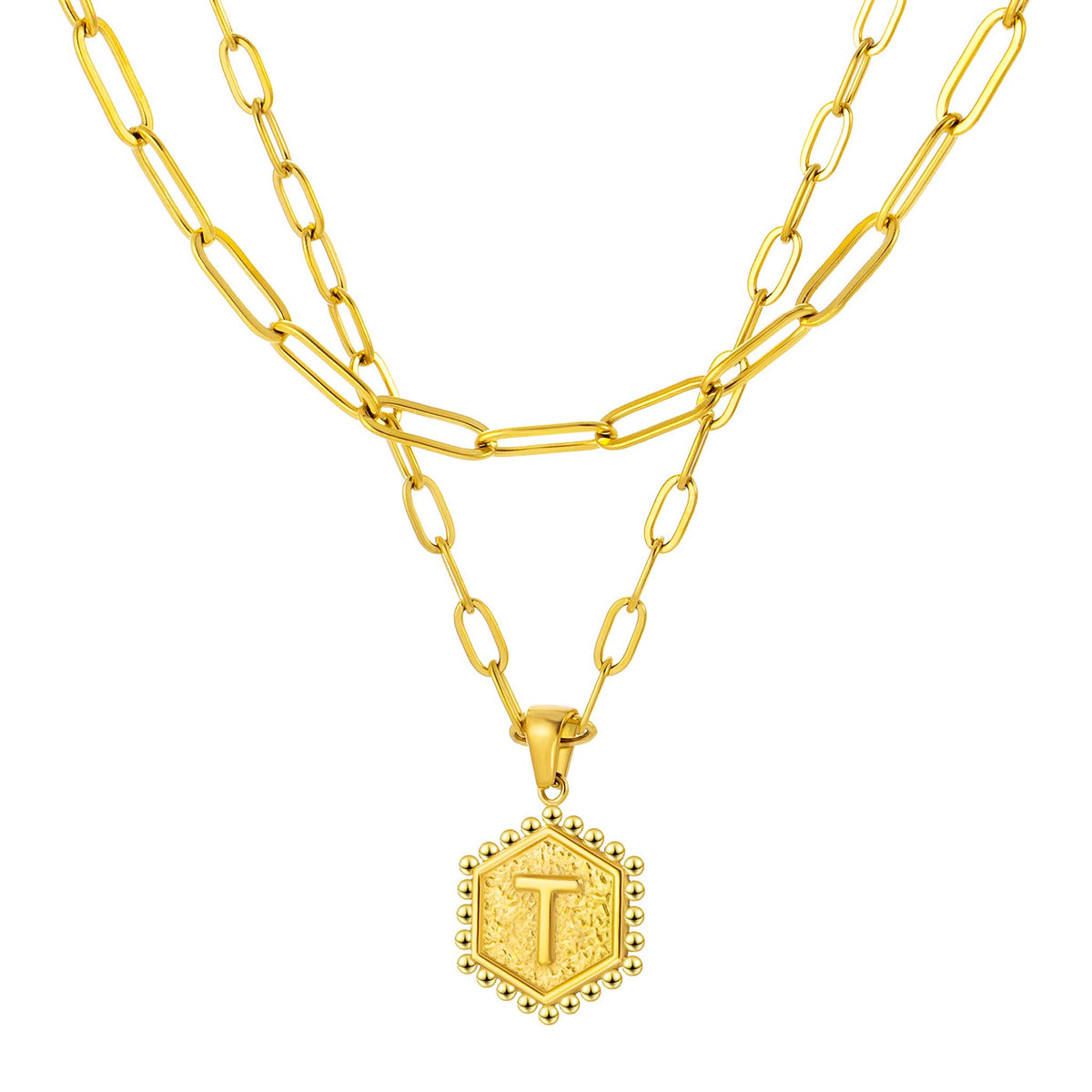 Initial Necklace for Women, Hexagon Letter Pendant, Paperclip Chain, Alphabet A to Z, Geometric Charm Jewelry