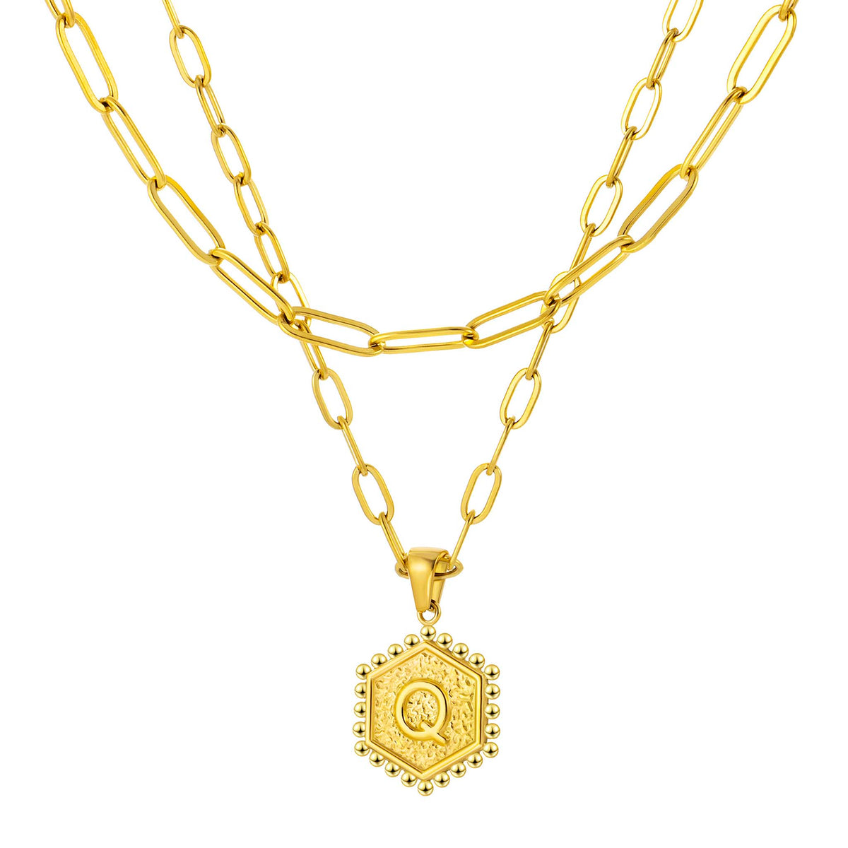 Initial Necklace for Women, Hexagon Letter Pendant, Paperclip Chain, Alphabet A to Z, Geometric Charm Jewelry