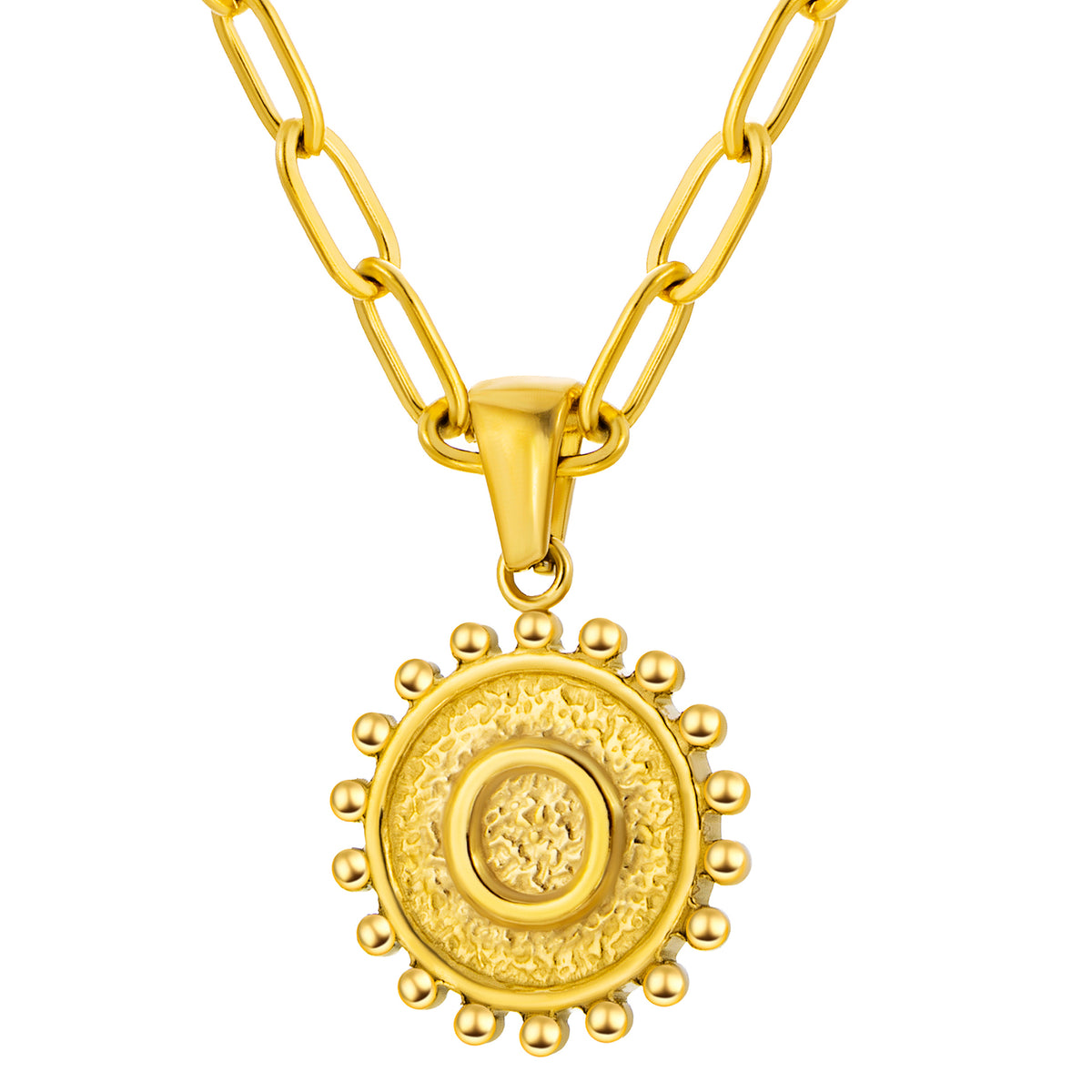 Initial Necklace for Women, Round Coin Letter Pendant, Textured Medallion Charm, Paperclip Chain Jewelry for Daily Wear