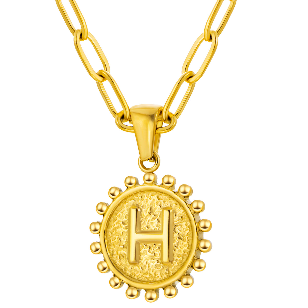 Initial Necklace for Women, Round Coin Letter Pendant, Textured Medallion Charm, Paperclip Chain Jewelry for Daily Wear