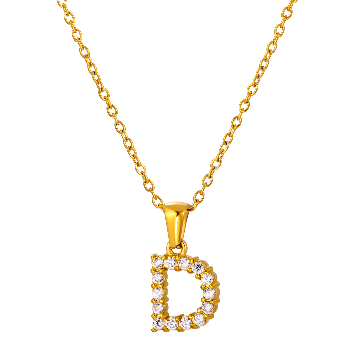 Stainless Steel Initial Necklace for Men and Women, Gold Tone Rhinestone Letter Pendant, A to Z Alphabet Jewelry, 21 x 13 mm