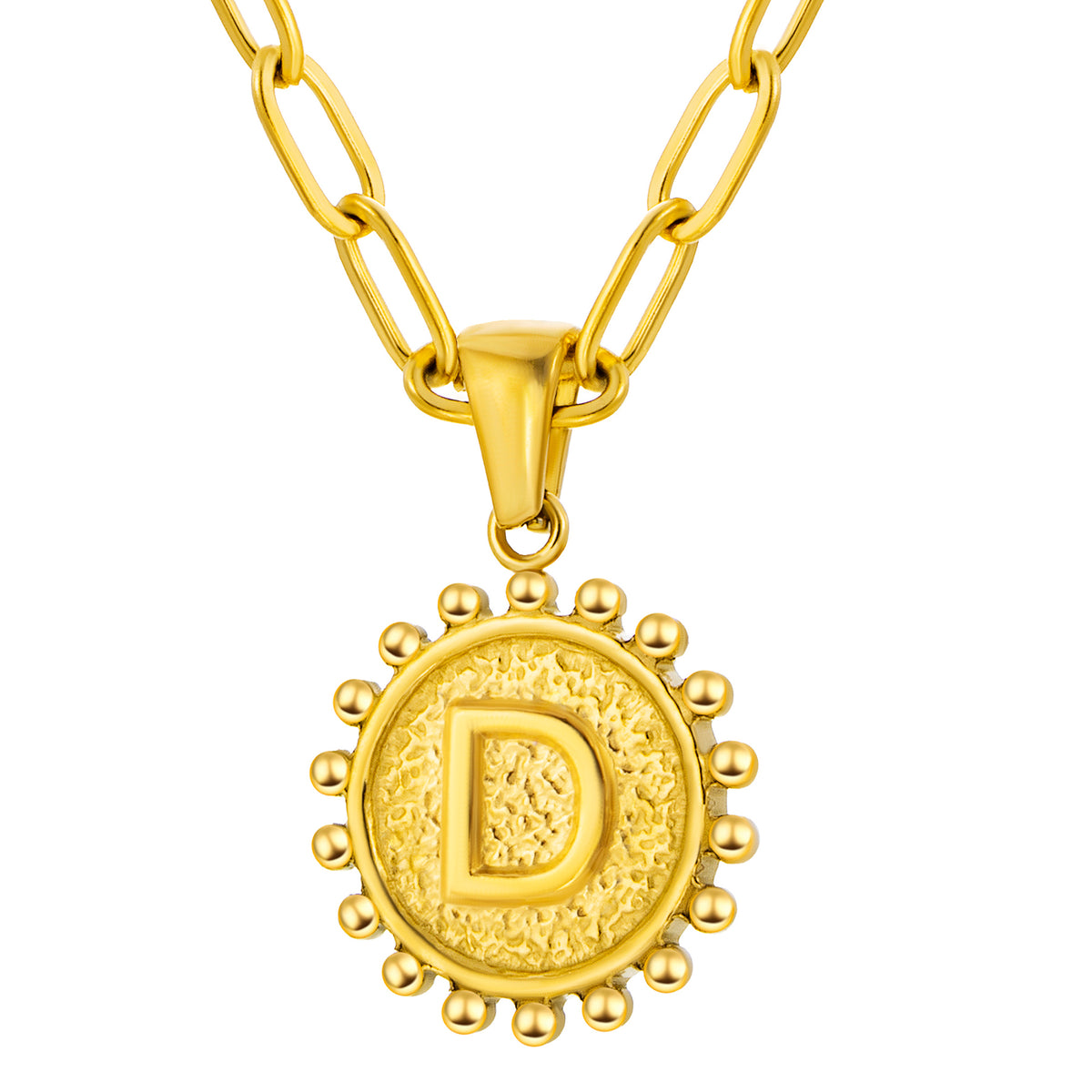 Initial Necklace for Women, Round Coin Letter Pendant, Textured Medallion Charm, Paperclip Chain Jewelry for Daily Wear
