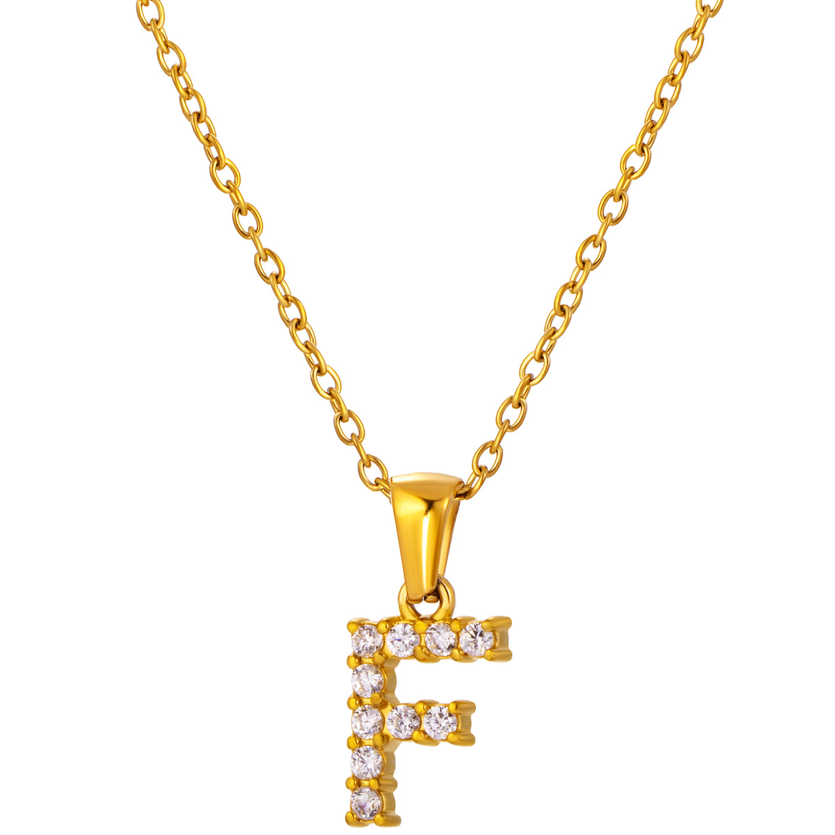 Stainless Steel Initial Necklace for Men and Women, Gold Tone Rhinestone Letter Pendant, A to Z Alphabet Jewelry, 21 x 13 mm