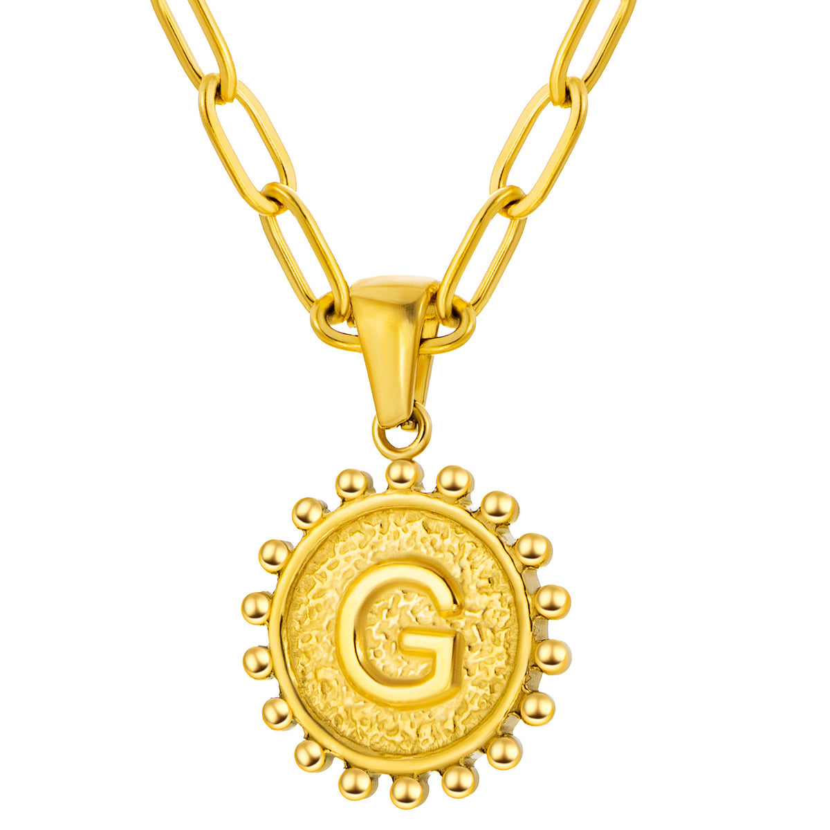 Initial Necklace for Women, Round Coin Letter Pendant, Textured Medallion Charm, Paperclip Chain Jewelry for Daily Wear