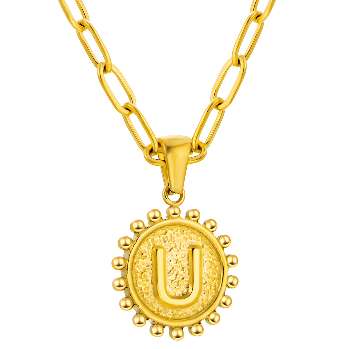 Initial Necklace for Women, Round Coin Letter Pendant, Textured Medallion Charm, Paperclip Chain Jewelry for Daily Wear