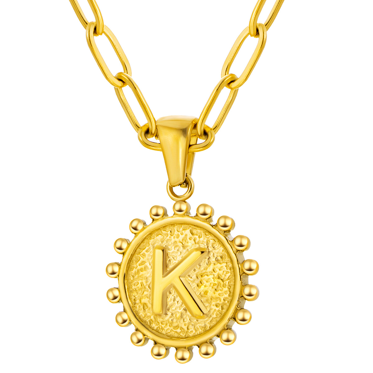 Initial Necklace for Women, Round Coin Letter Pendant, Textured Medallion Charm, Paperclip Chain Jewelry for Daily Wear