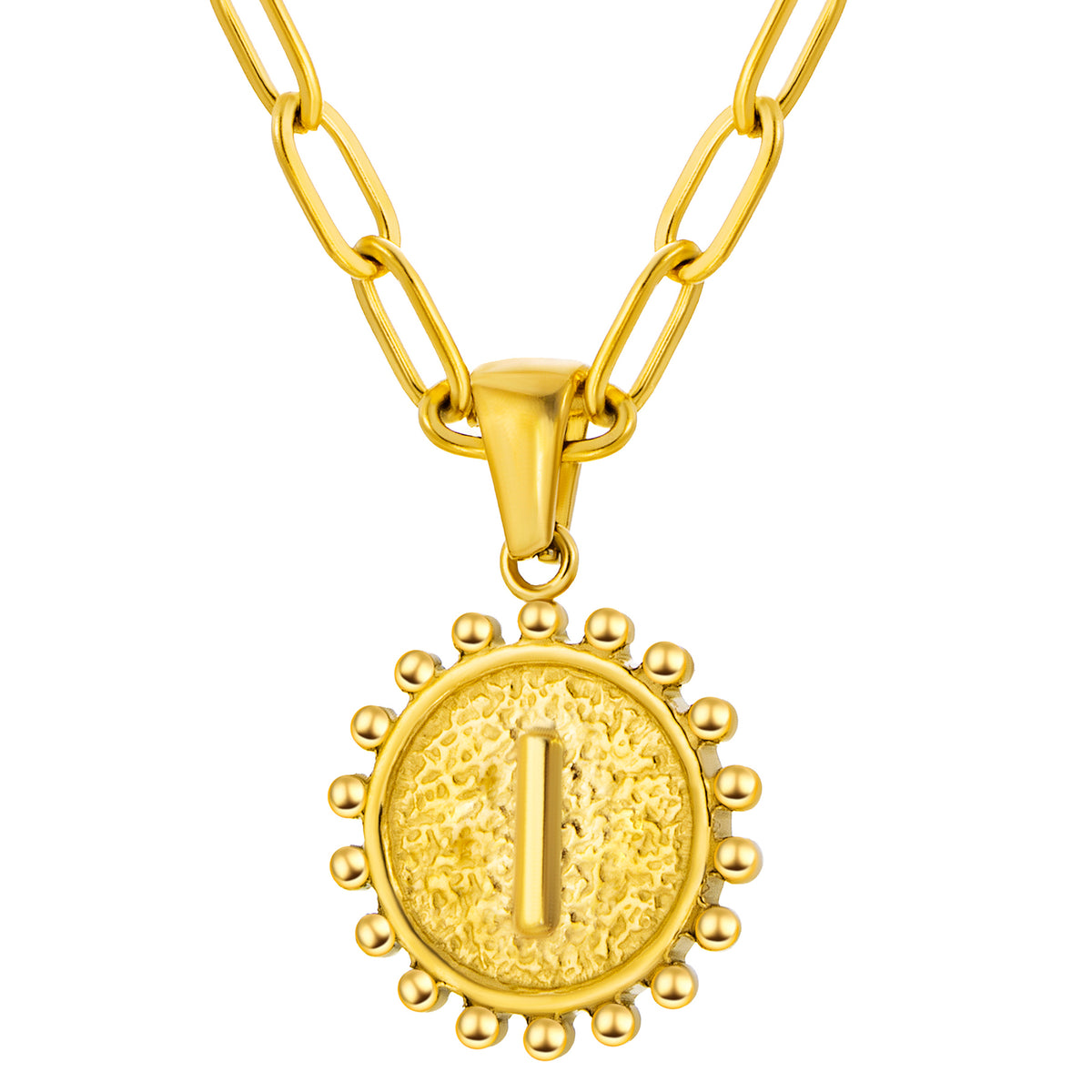 Initial Necklace for Women, Round Coin Letter Pendant, Textured Medallion Charm, Paperclip Chain Jewelry for Daily Wear