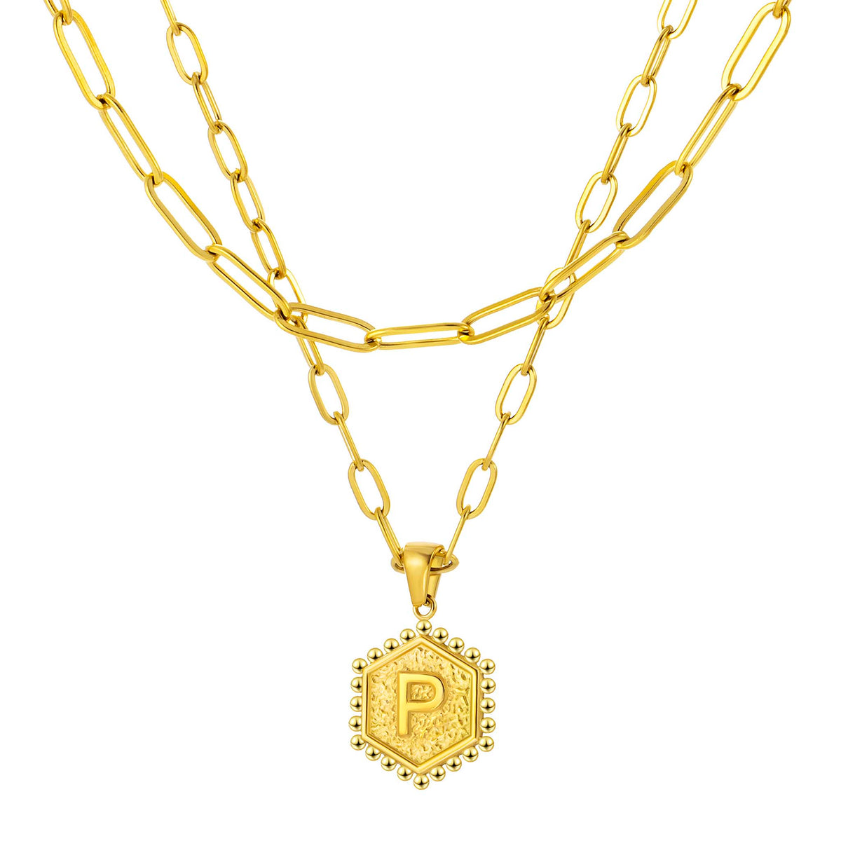 Initial Necklace for Women, Hexagon Letter Pendant, Paperclip Chain, Alphabet A to Z, Geometric Charm Jewelry