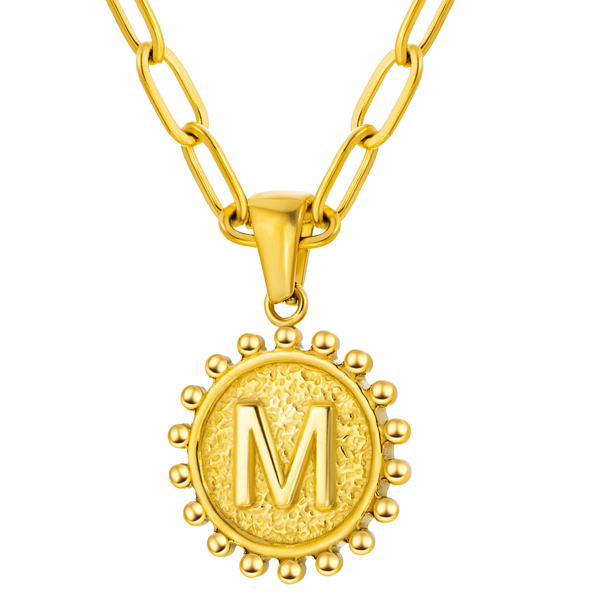 Initial Necklace for Women, Round Coin Letter Pendant, Textured Medallion Charm, Paperclip Chain Jewelry for Daily Wear