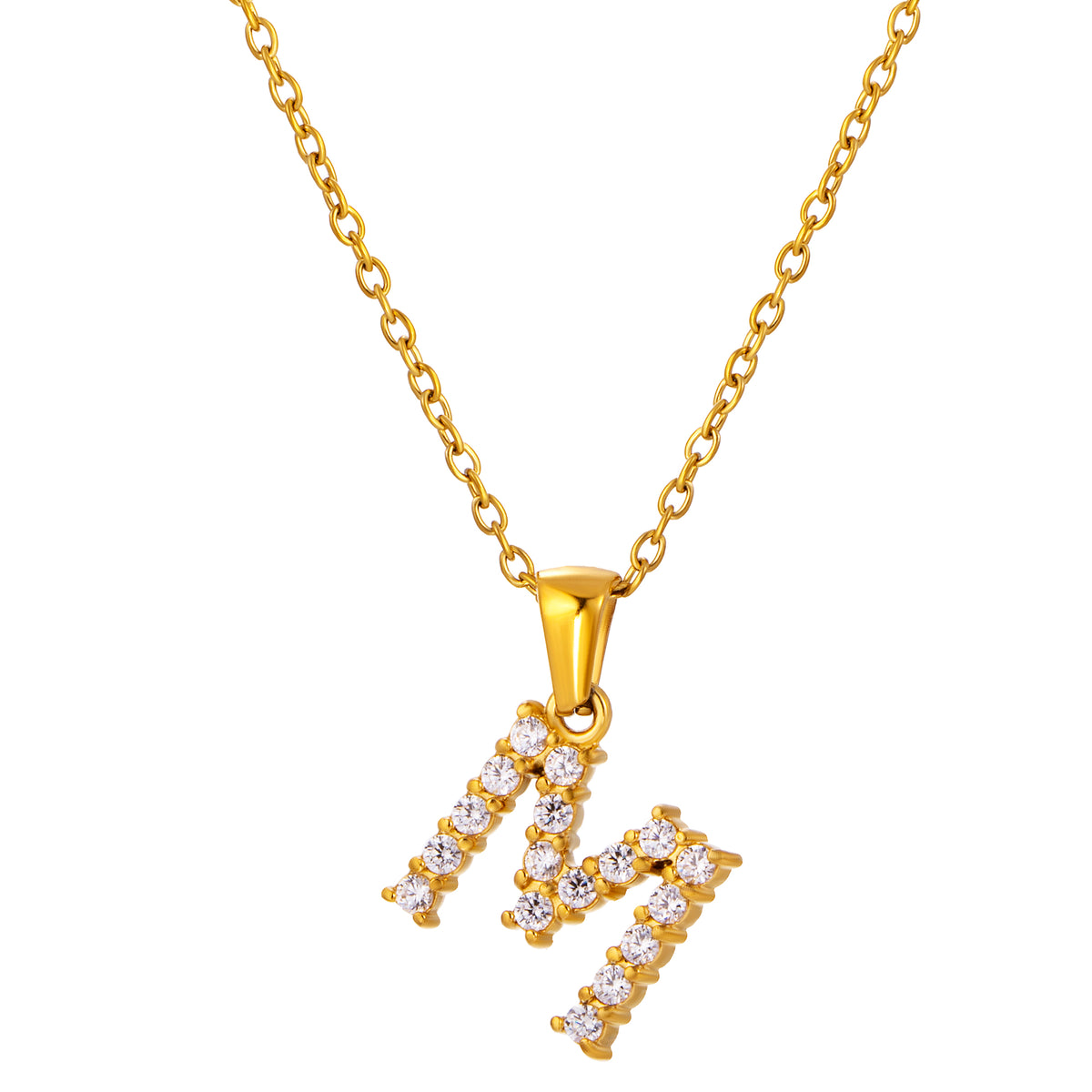 Stainless Steel Initial Necklace for Men and Women, Gold Tone Rhinestone Letter Pendant, A to Z Alphabet Jewelry, 21 x 13 mm
