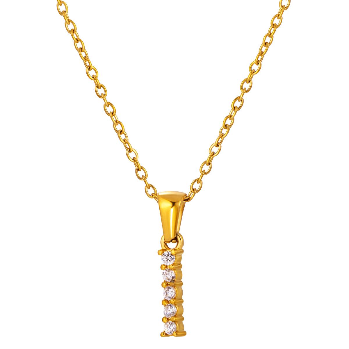 Stainless Steel Initial Necklace for Men and Women, Gold Tone Rhinestone Letter Pendant, A to Z Alphabet Jewelry, 21 x 13 mm