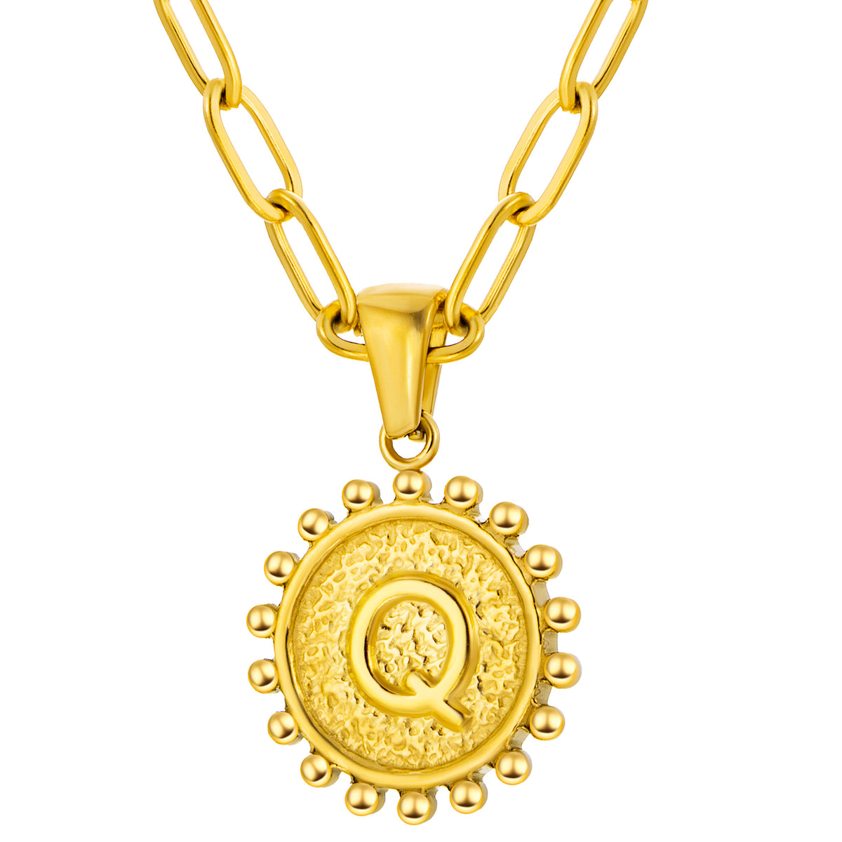 Initial Necklace for Women, Round Coin Letter Pendant, Textured Medallion Charm, Paperclip Chain Jewelry for Daily Wear