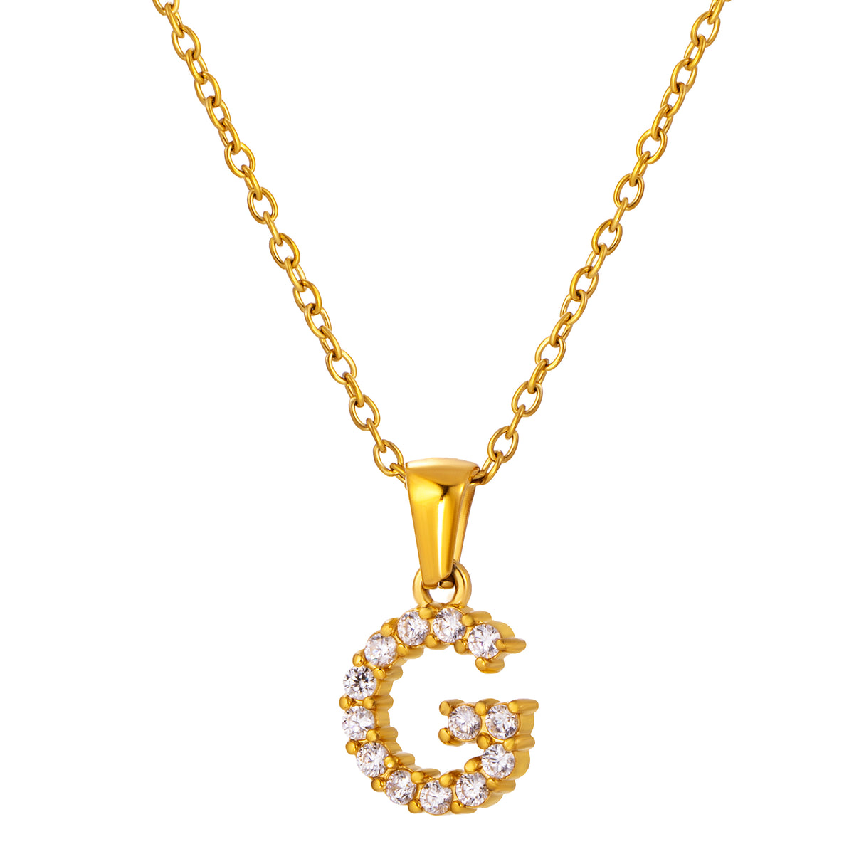 Stainless Steel Initial Necklace for Men and Women, Gold Tone Rhinestone Letter Pendant, A to Z Alphabet Jewelry, 21 x 13 mm