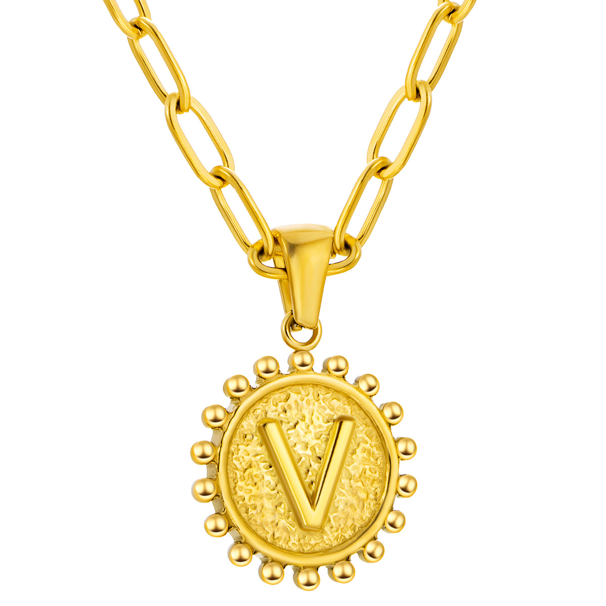 Initial Necklace for Women, Round Coin Letter Pendant, Textured Medallion Charm, Paperclip Chain Jewelry for Daily Wear