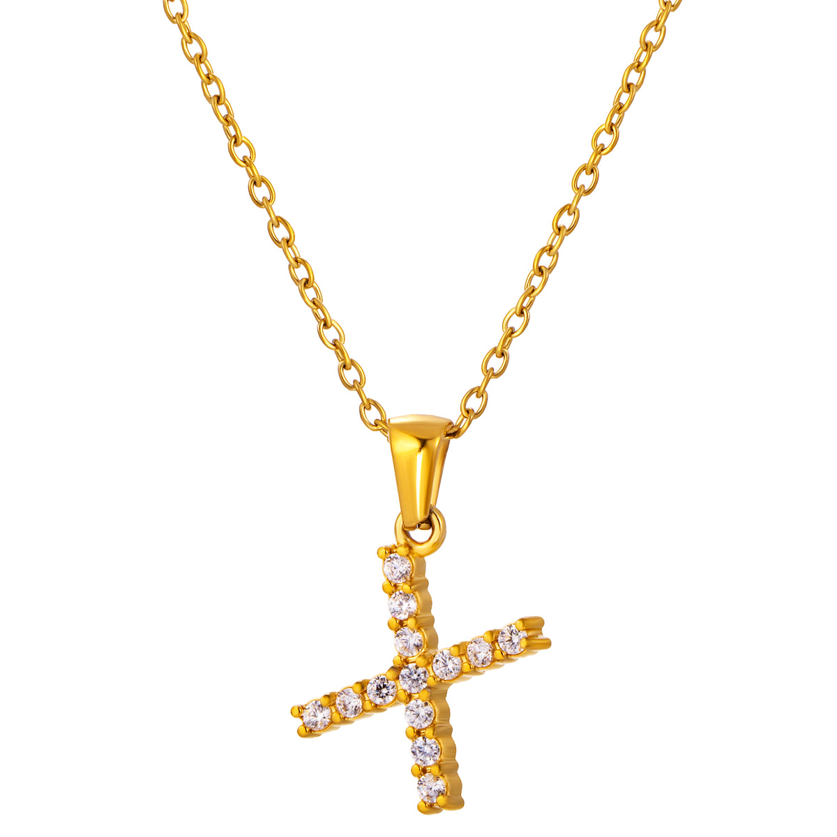 Stainless Steel Initial Necklace for Men and Women, Gold Tone Rhinestone Letter Pendant, A to Z Alphabet Jewelry, 21 x 13 mm