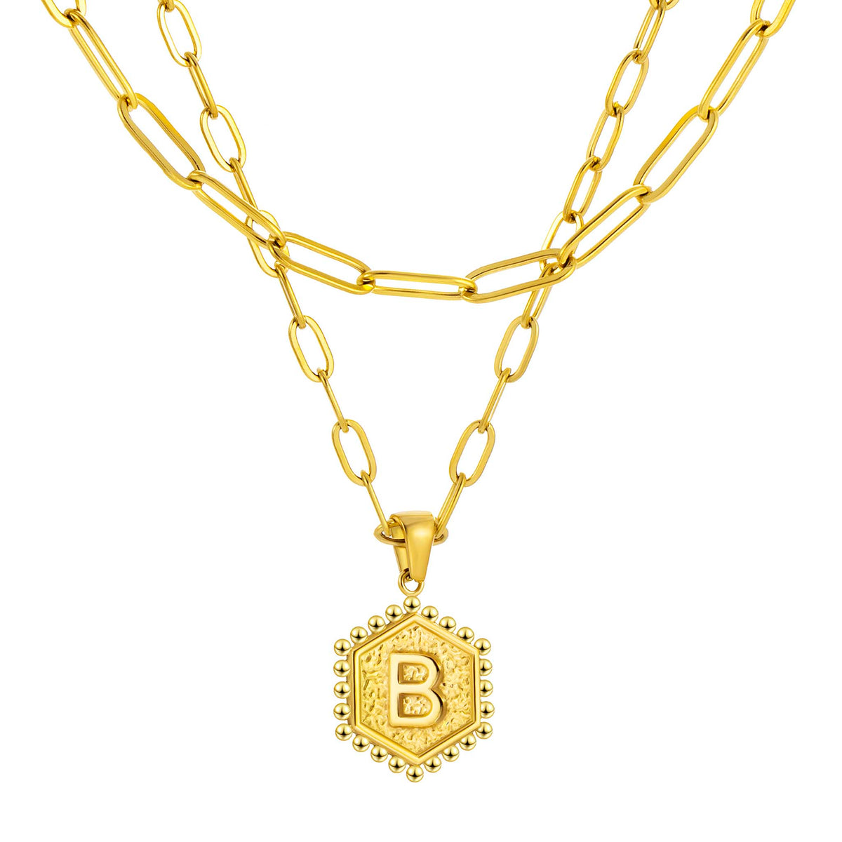 Initial Necklace for Women, Hexagon Letter Pendant, Paperclip Chain, Alphabet A to Z, Geometric Charm Jewelry