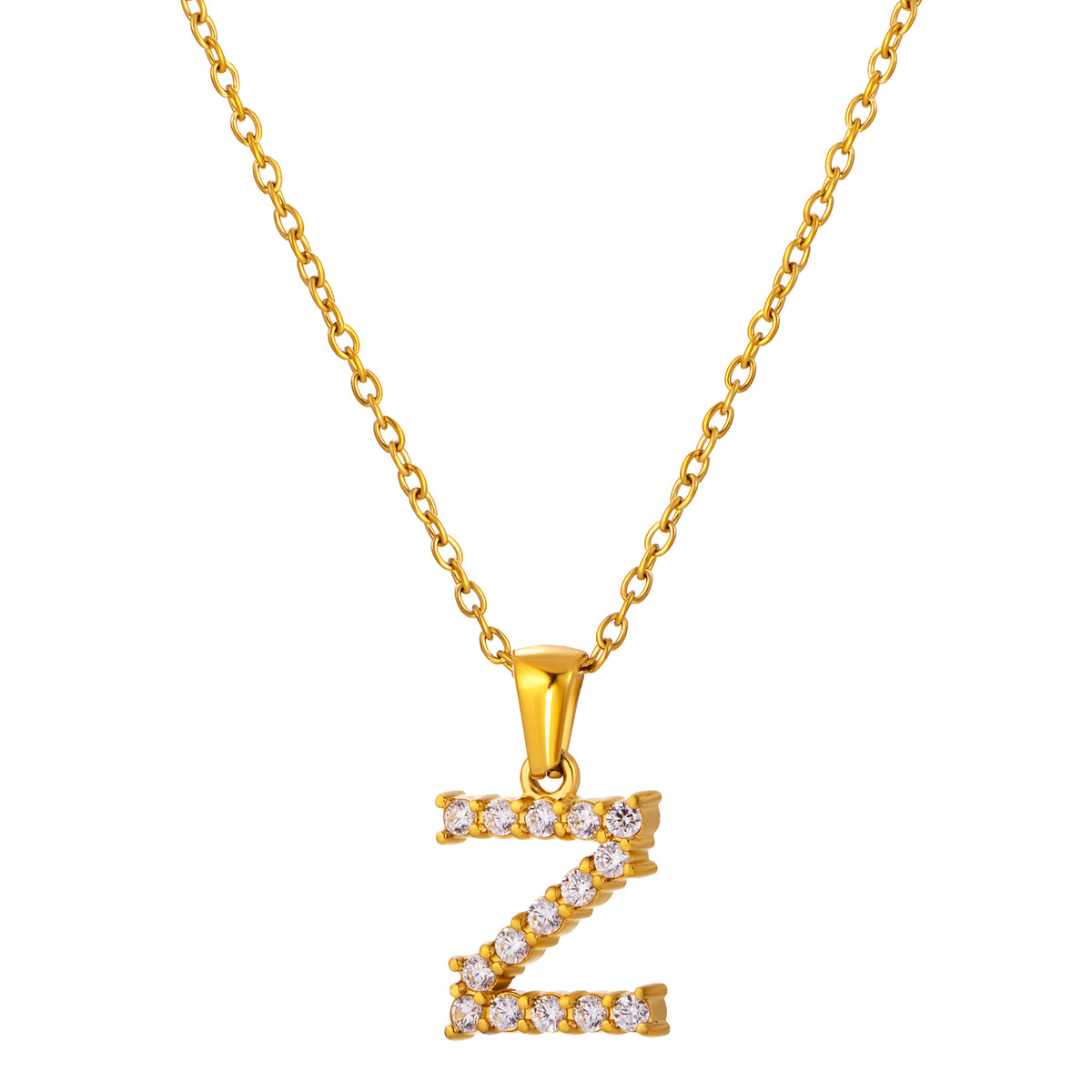 Stainless Steel Initial Necklace for Men and Women, Gold Tone Rhinestone Letter Pendant, A to Z Alphabet Jewelry, 21 x 13 mm