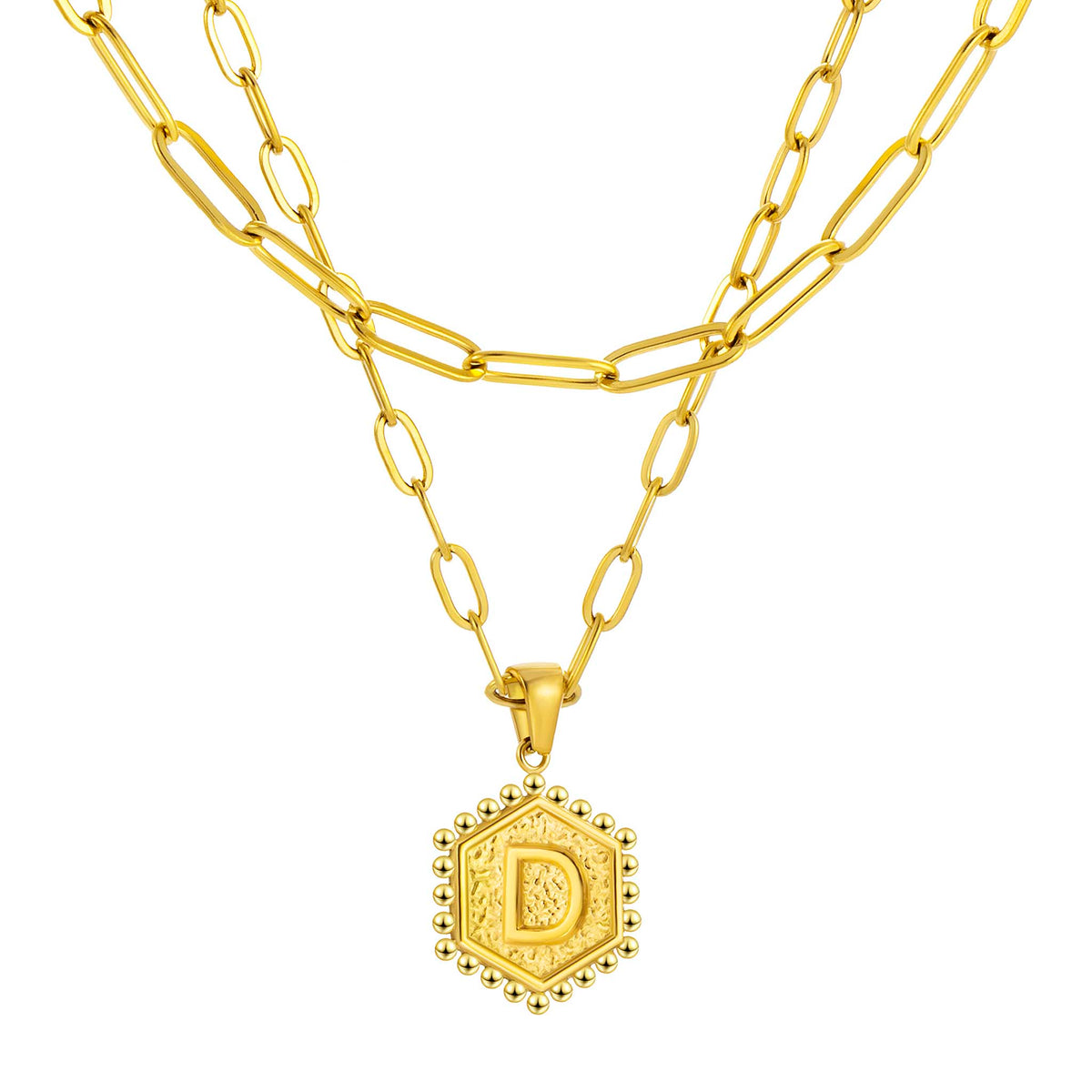 Initial Necklace for Women, Hexagon Letter Pendant, Paperclip Chain, Alphabet A to Z, Geometric Charm Jewelry