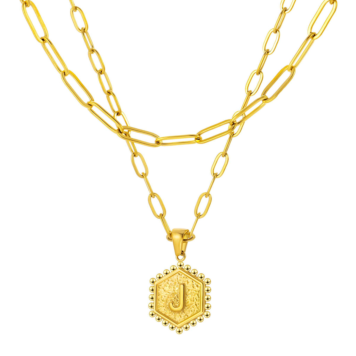 Initial Necklace for Women, Hexagon Letter Pendant, Paperclip Chain, Alphabet A to Z, Geometric Charm Jewelry