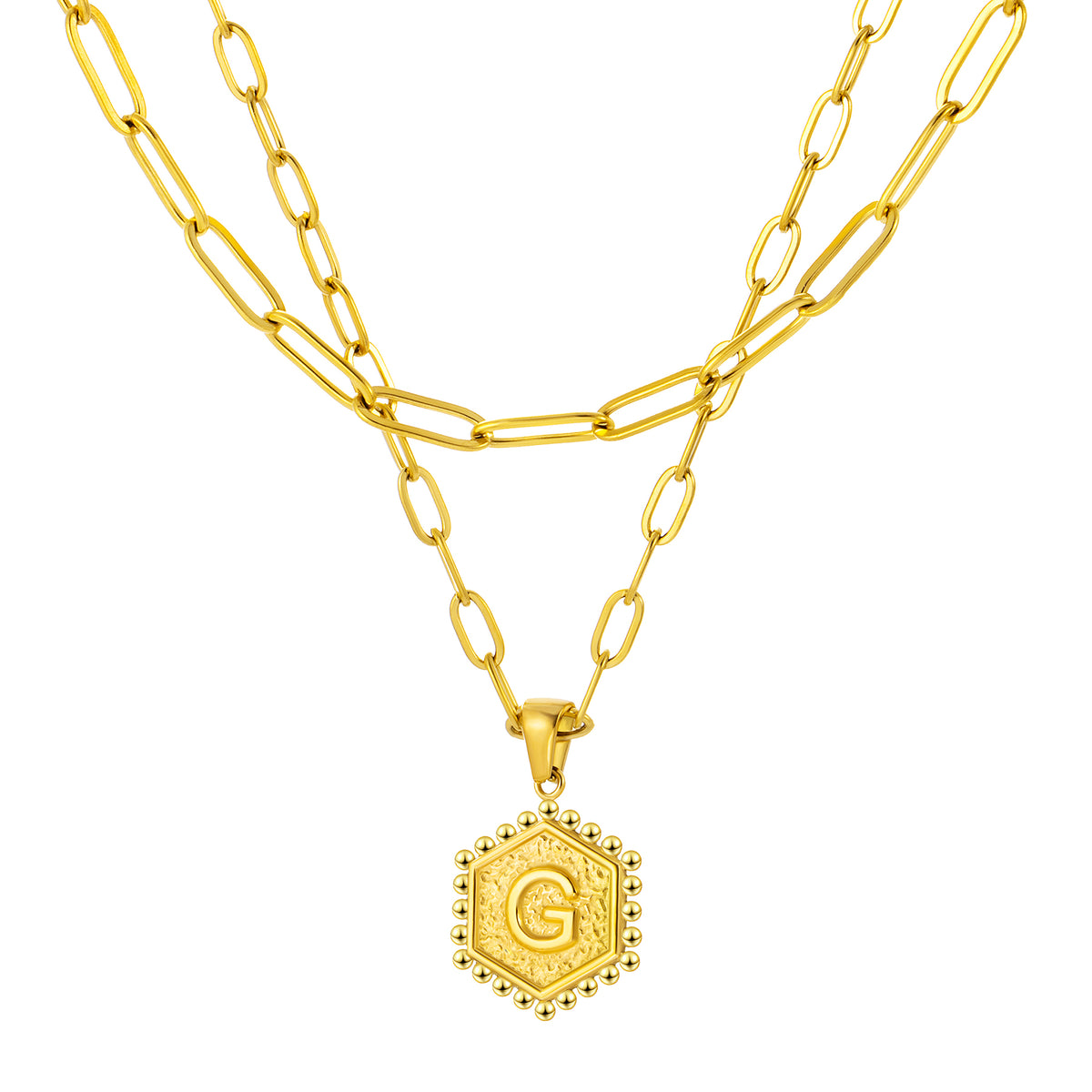 Initial Necklace for Women, Hexagon Letter Pendant, Paperclip Chain, Alphabet A to Z, Geometric Charm Jewelry