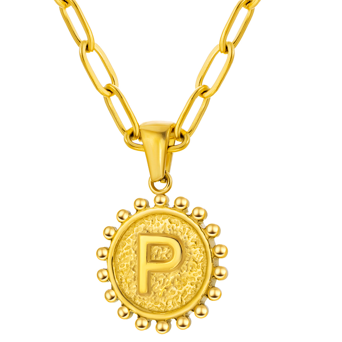 Initial Necklace for Women, Round Coin Letter Pendant, Textured Medallion Charm, Paperclip Chain Jewelry for Daily Wear