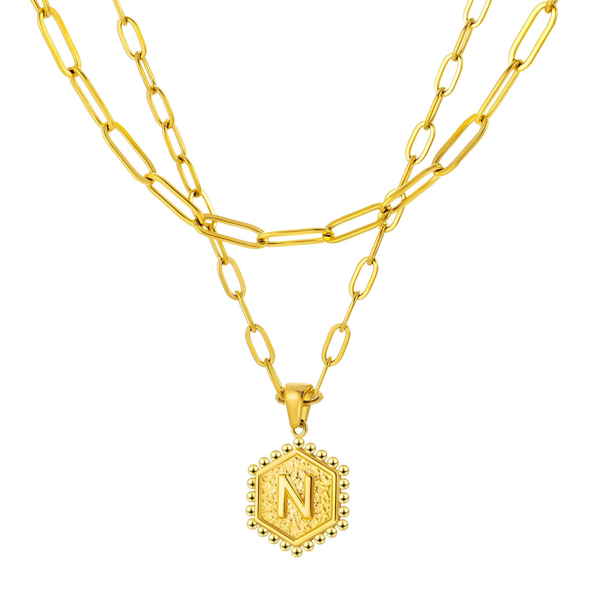 Initial Necklace for Women, Hexagon Letter Pendant, Paperclip Chain, Alphabet A to Z, Geometric Charm Jewelry