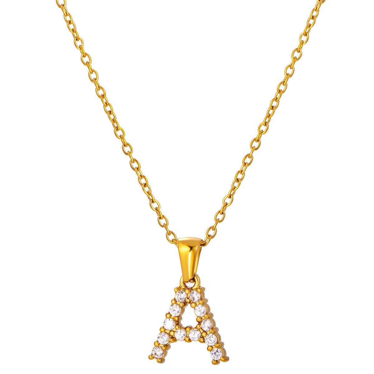 Stainless Steel Initial Necklace for Men and Women, Gold Tone Rhinestone Letter Pendant, A to Z Alphabet Jewelry, 21 x 13 mm