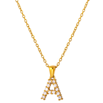 Stainless Steel Initial Necklace for Men and Women, Gold Tone Rhinestone Letter Pendant, A to Z Alphabet Jewelry, 21 x 13 mm