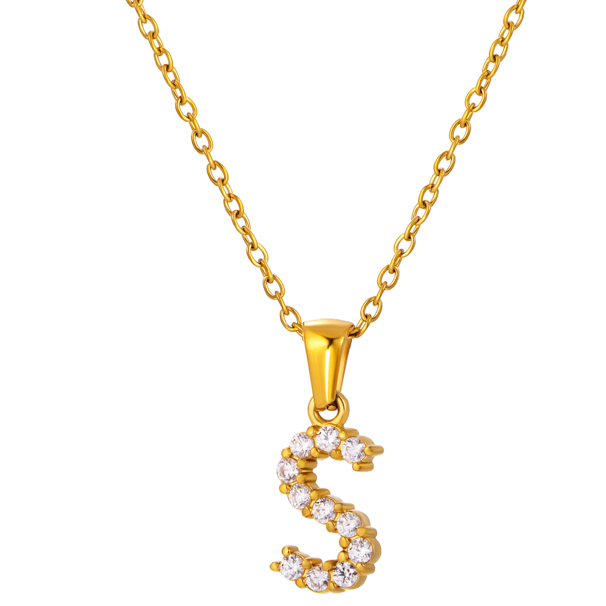 Stainless Steel Initial Necklace for Men and Women, Gold Tone Rhinestone Letter Pendant, A to Z Alphabet Jewelry, 21 x 13 mm