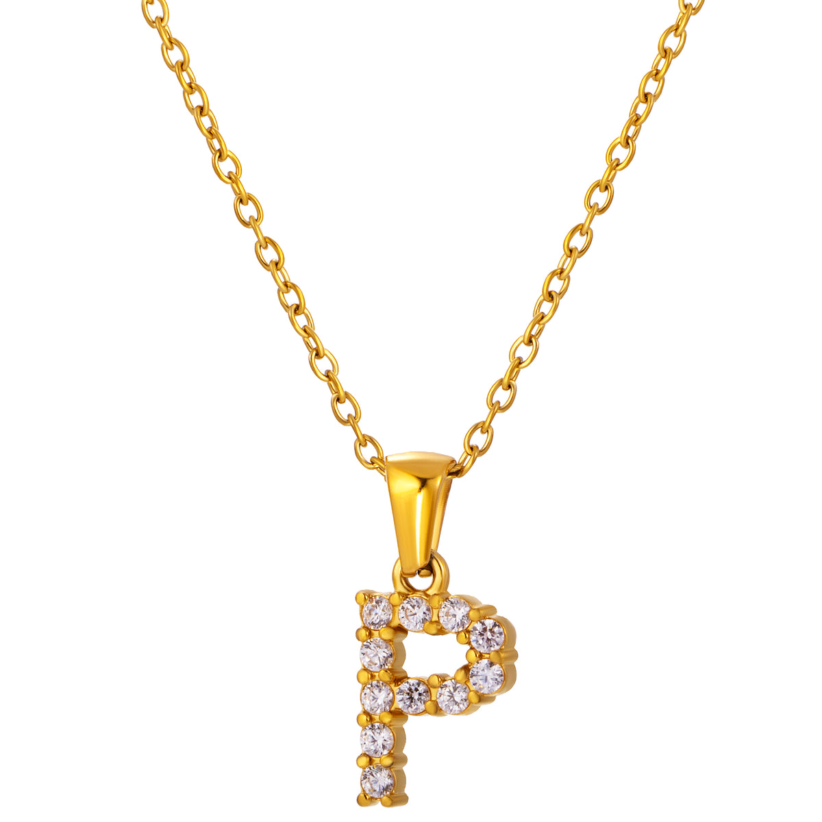 Stainless Steel Initial Necklace for Men and Women, Gold Tone Rhinestone Letter Pendant, A to Z Alphabet Jewelry, 21 x 13 mm