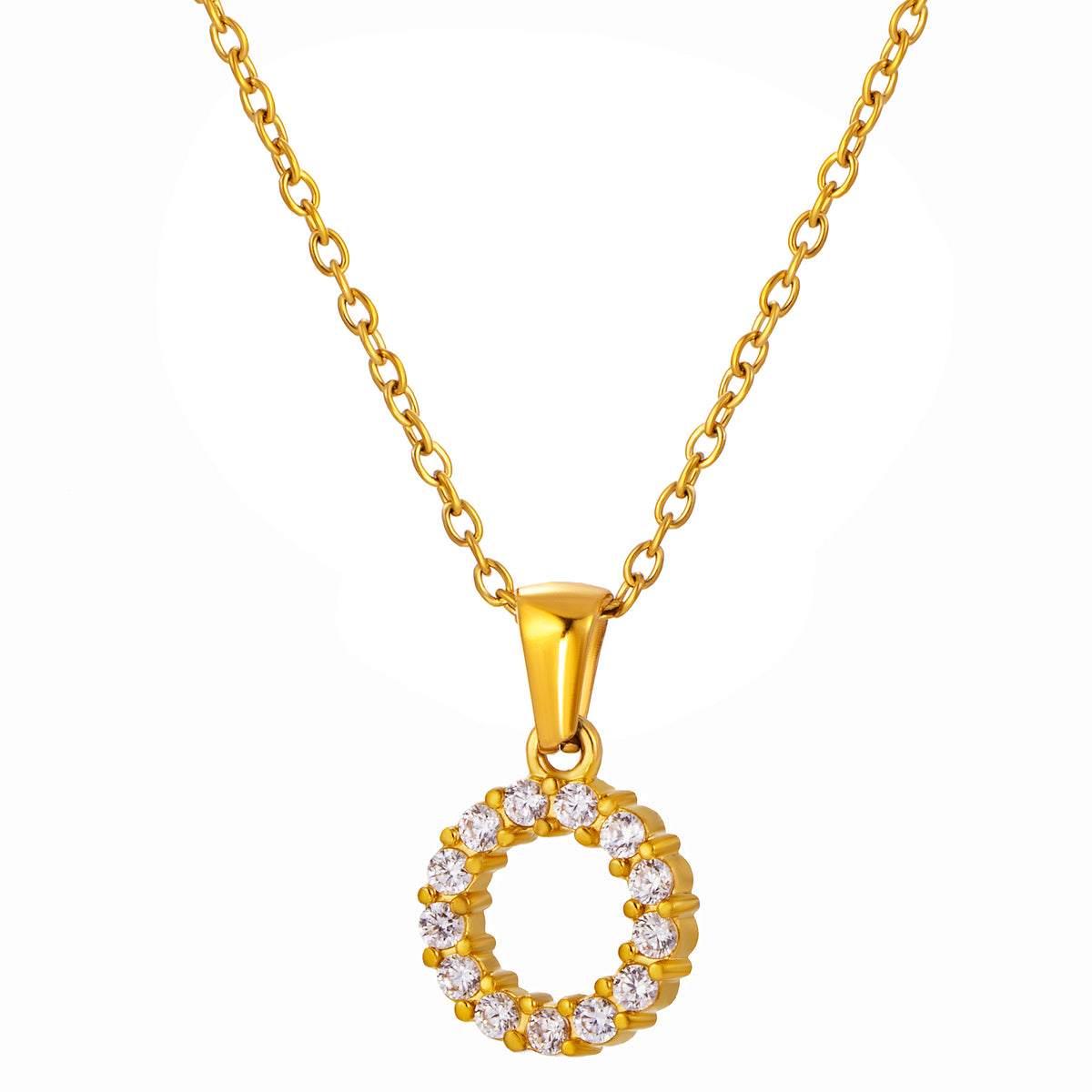 Stainless Steel Initial Necklace for Men and Women, Gold Tone Rhinestone Letter Pendant, A to Z Alphabet Jewelry, 21 x 13 mm