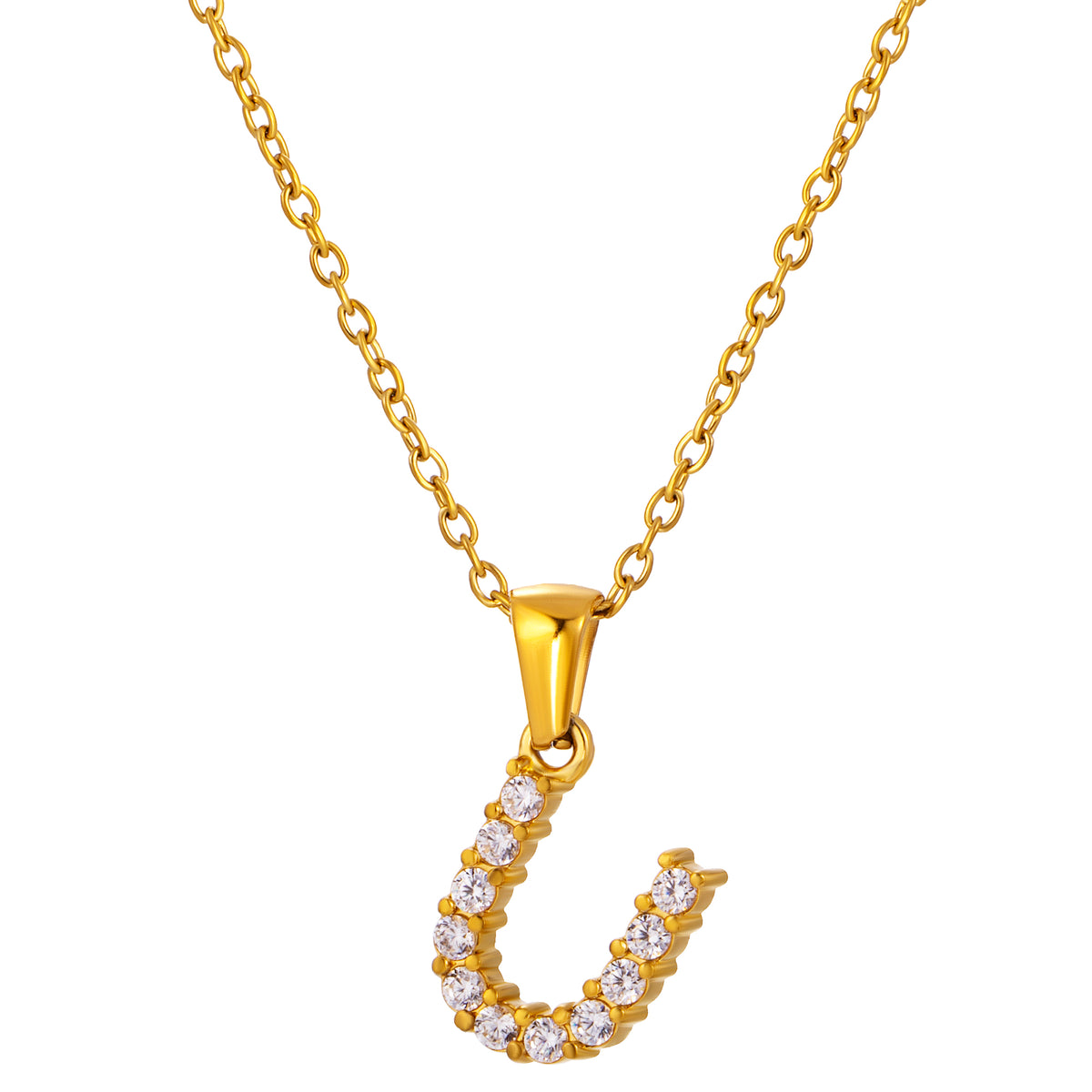 Stainless Steel Initial Necklace for Men and Women, Gold Tone Rhinestone Letter Pendant, A to Z Alphabet Jewelry, 21 x 13 mm