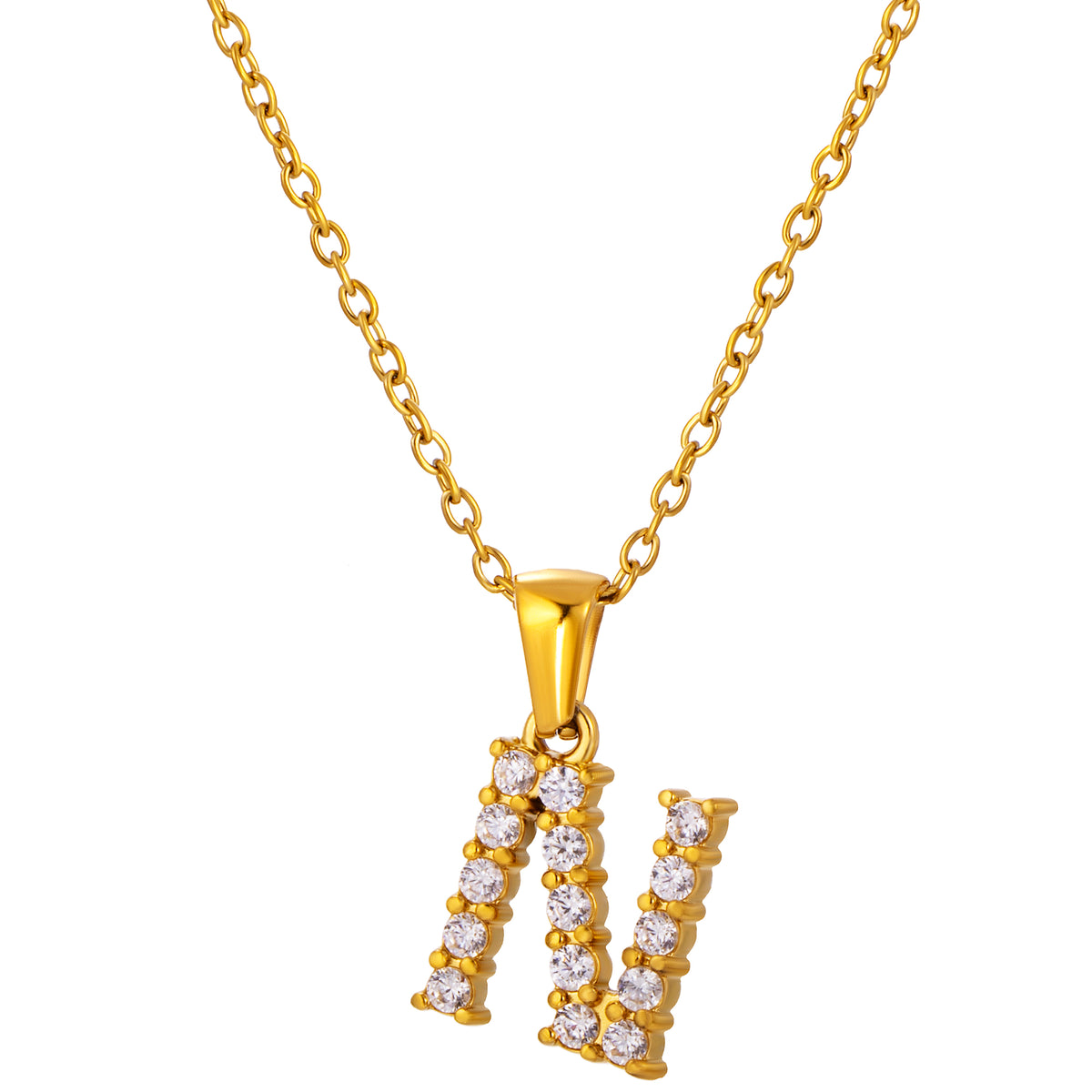 Stainless Steel Initial Necklace for Men and Women, Gold Tone Rhinestone Letter Pendant, A to Z Alphabet Jewelry, 21 x 13 mm