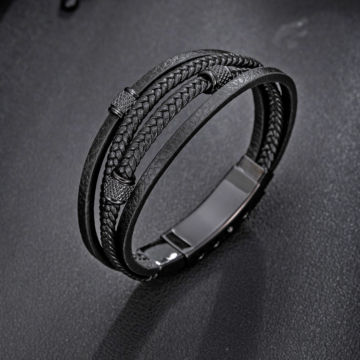 Mens Bracelet Adjustable Clasp Cuff Multi Strand Wristband Leather Bracelet for Daily Wear Minimalist Style Gift for Him