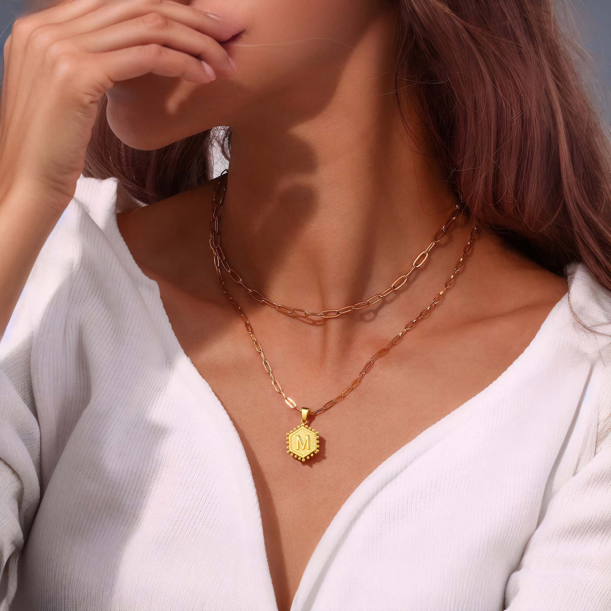 Initial Necklace for Women, Hexagon Letter Pendant, Paperclip Chain, Alphabet A to Z, Geometric Charm Jewelry
