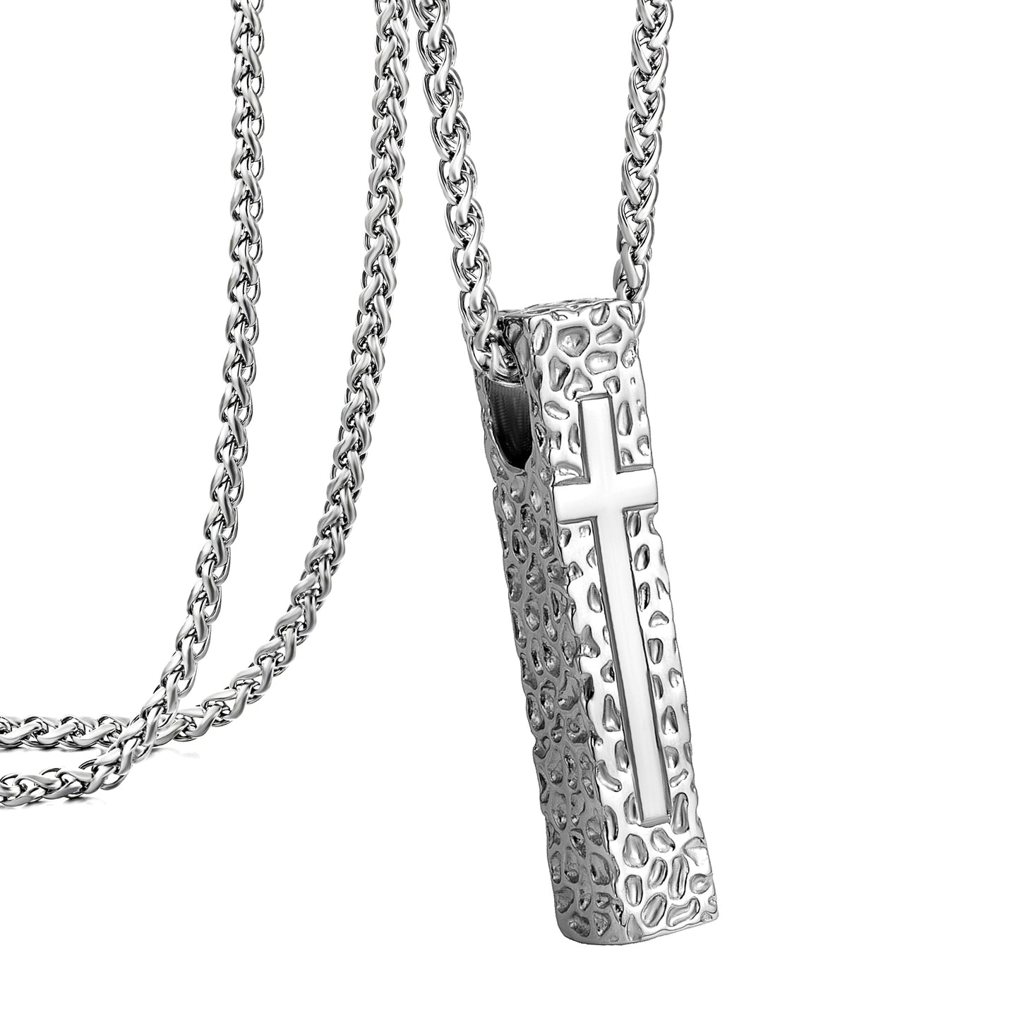 Cross Necklace for Men Women, Stainless Steel Textured Bar Design with Wheat Chain, Religious Faith Jewelry Gift