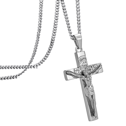 Cross Necklace for Men Women, Stainless Steel Crucifix Cross with Curb Chain Wheat Chain, Religious Faith Jewelry, Gift for Family