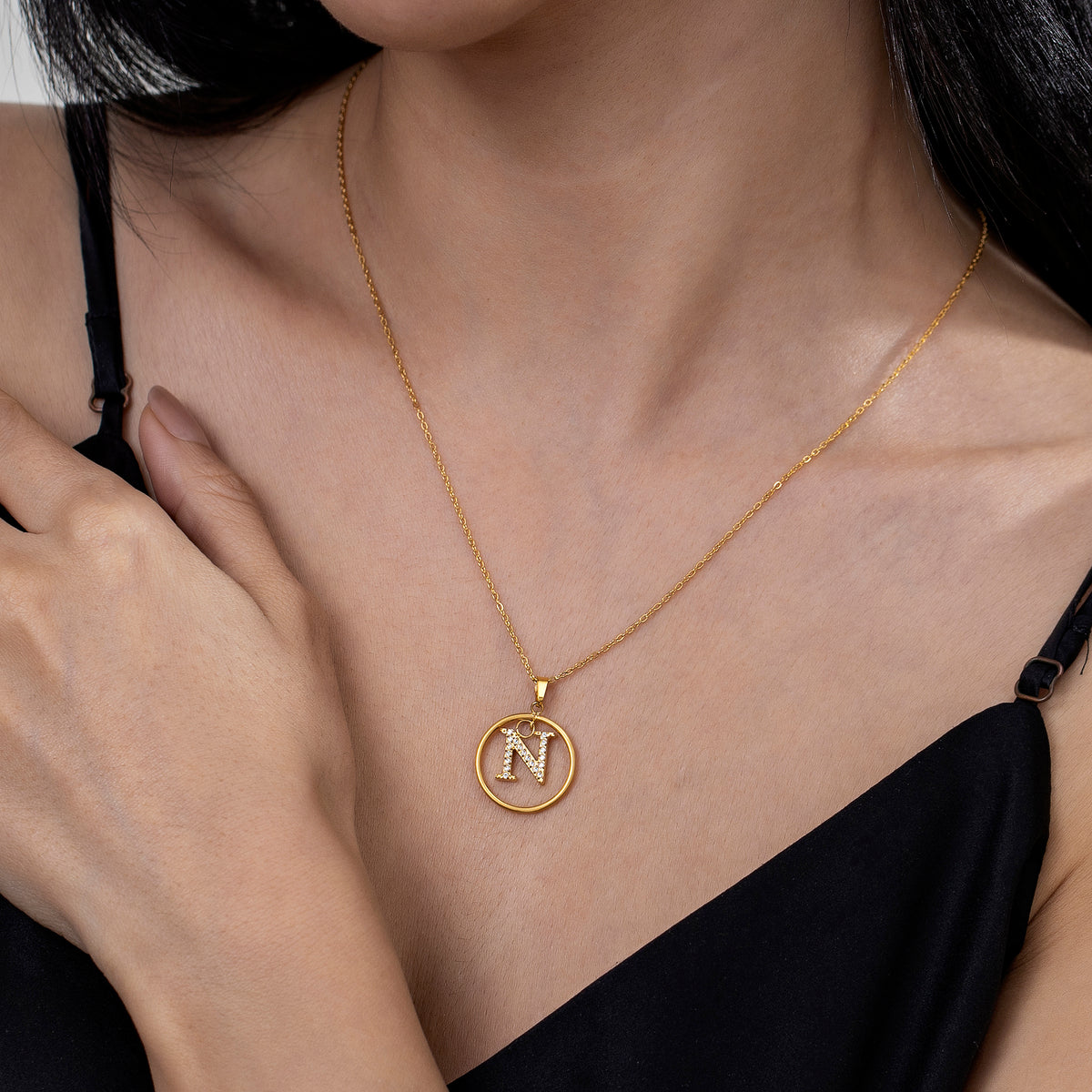 Initial Necklace for Women, Round Frame Letter Pendant, A to Z Alphabet Charm Necklace, Pave Initial Jewelry