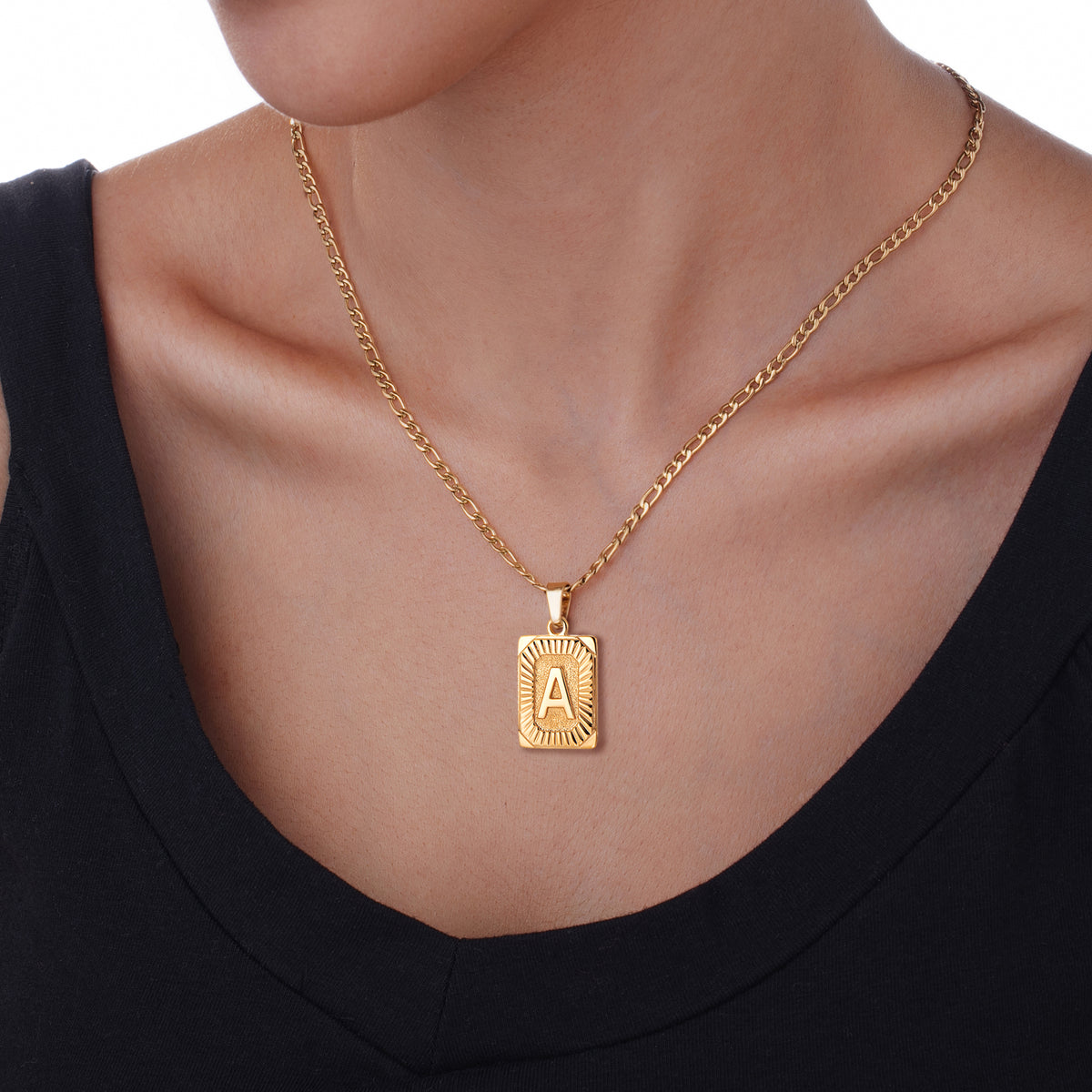 Stainless Steel Initial Necklace for Men and Women, Gold Tone Rectangular Letter Pendant, A to Z Alphabet Jewelry