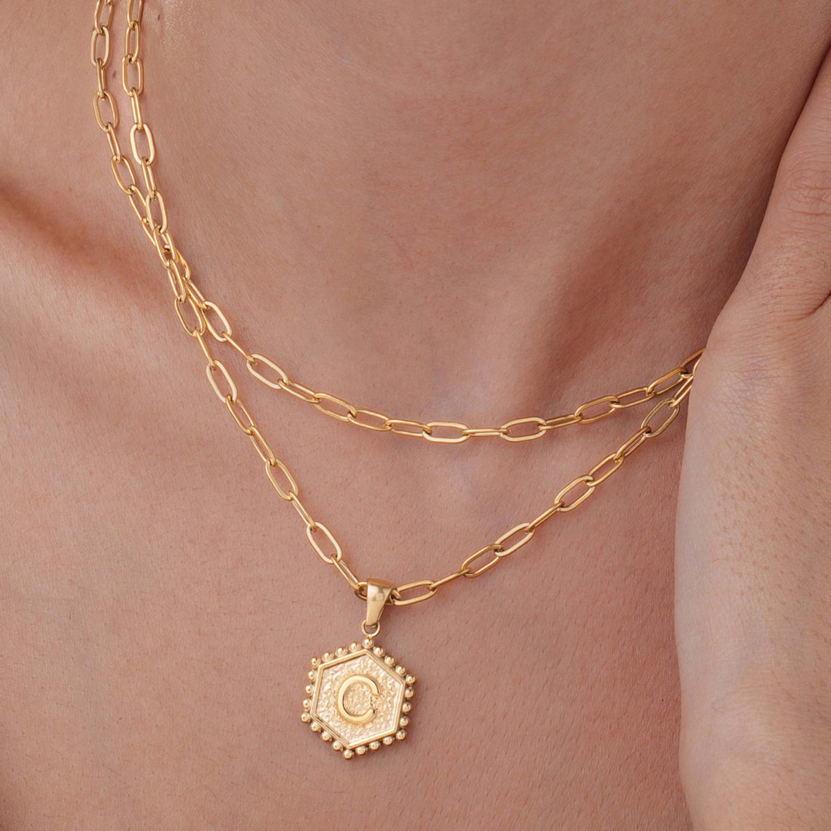 Initial Necklace for Women, Hexagon Letter Pendant, Paperclip Chain, Alphabet A to Z, Geometric Charm Jewelry
